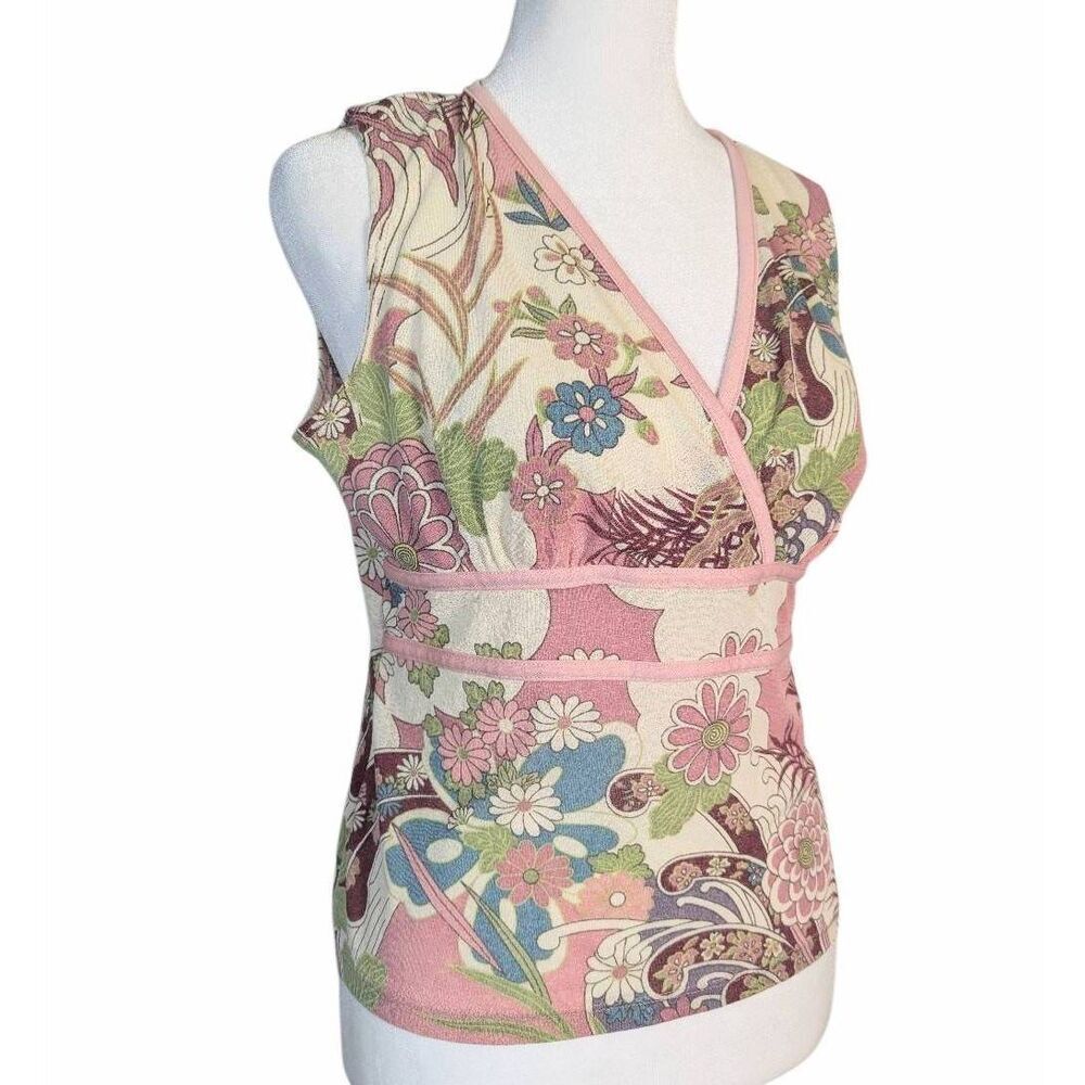 Vintage 90s Ellemenno pink multi Asian floral mesh sleeveless top womens L